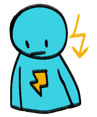 A teal person with a lightning bolt on their chest looking down next to a yellow lightning arrow pointing down.